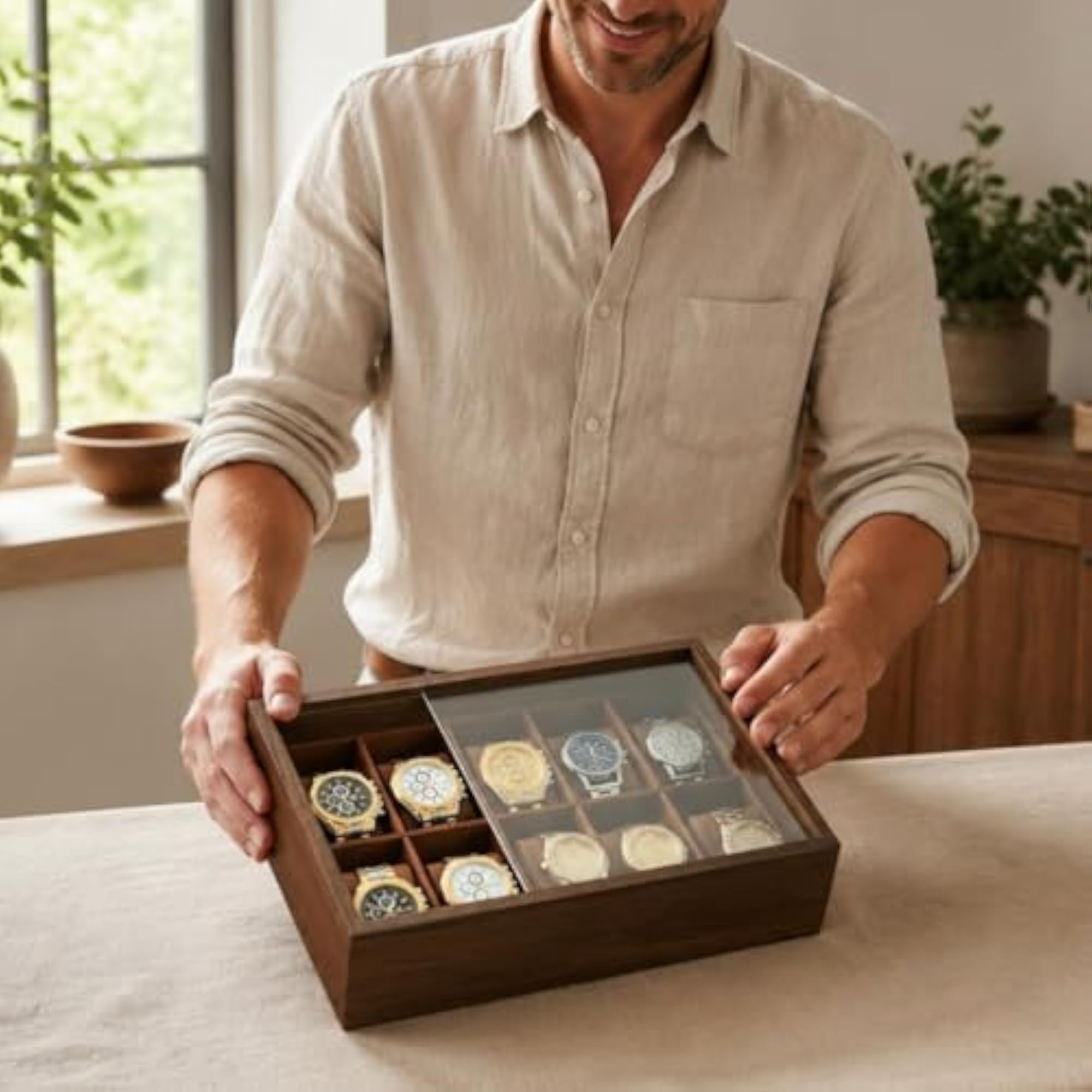 Wooden Watch Display Case with 10 Slots, Sliding Lid